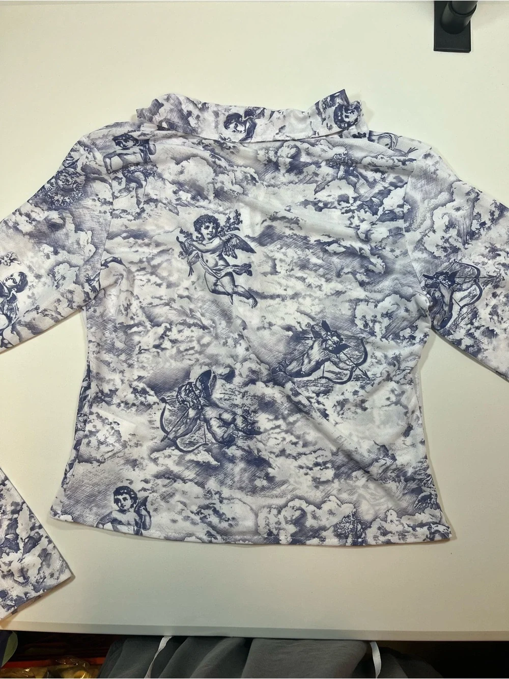 Motel Cherub Cloud Print Mesh Button Up Sheer Long Sleeve Top - Picture 5 of 5